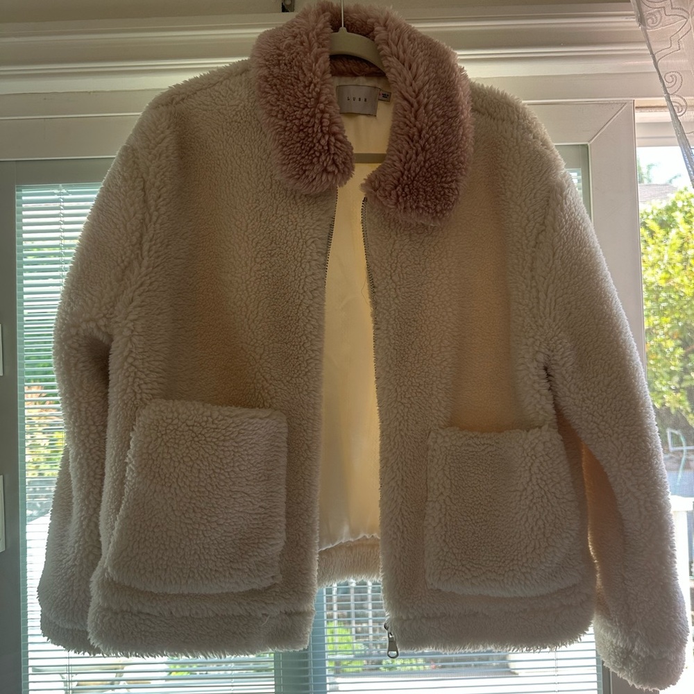 Lush Cream Teddy Jacket with Pink Collar
